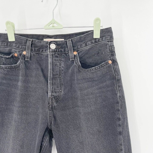 Levi's‎ Wedgie Straight Ripped Denim Jeans Sz 29 Black High Rise Pockets Raw Hem - Picture 5 of 12